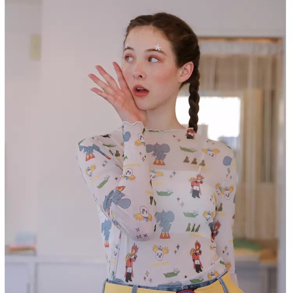 Fun Cute Cartoon Circus Doodle Print Mesh Blouse